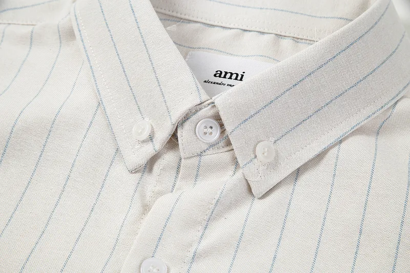 AMI Paris classic autumn red love heart embroidered on the chest, casual cotton large striped long-sleeved Oxford shirt, original custom-made 180g pure cotton fabric, loose off-shoulder version, same style for men and women, color: black and white, blue and white, size: S-XL