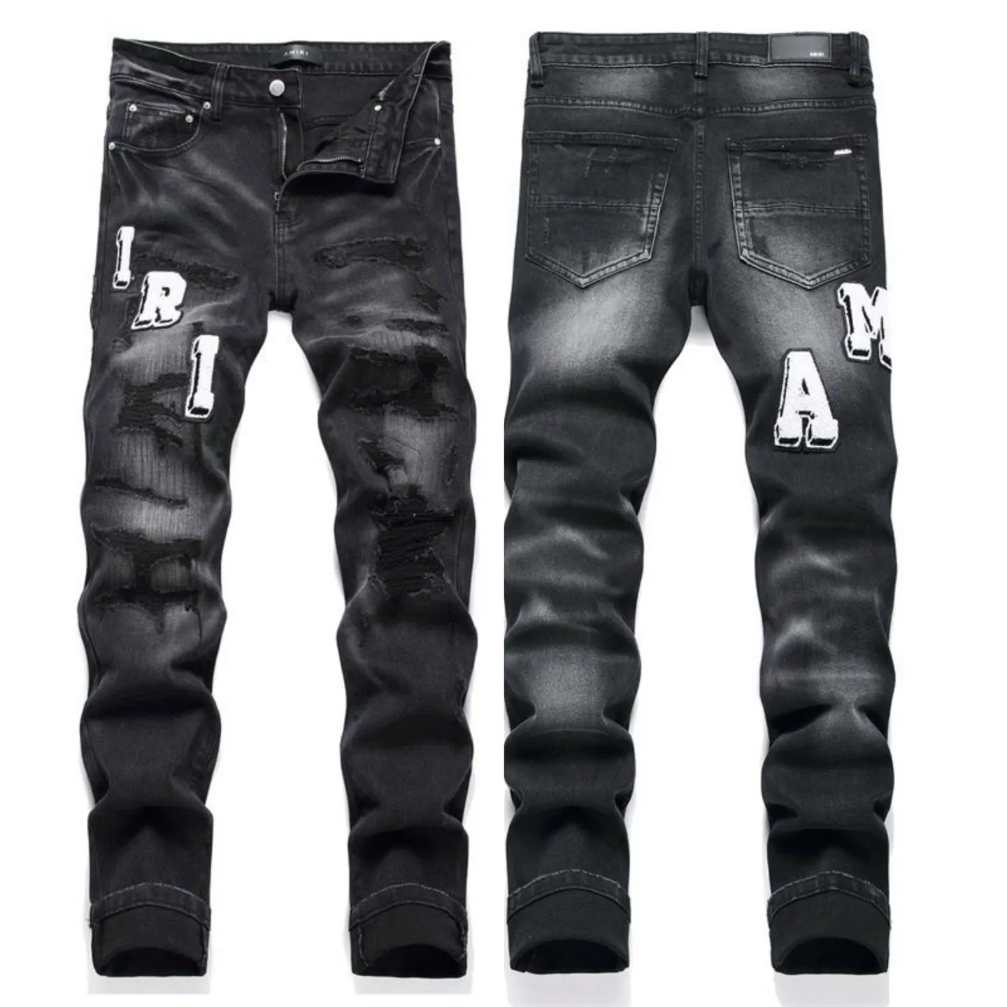 #M70 P168💰 AMIRI patch embroidery jeans trousers AMIRI high street basic ripped tight elastic jeans trousers amiri brand jeans break the production process and cutting of the original jeans, the fabrics are softer and more comfortable Hand-sewn collar label Customized logo buttons Genuine leather tag Color: Picture color Size: 30-32-34-36