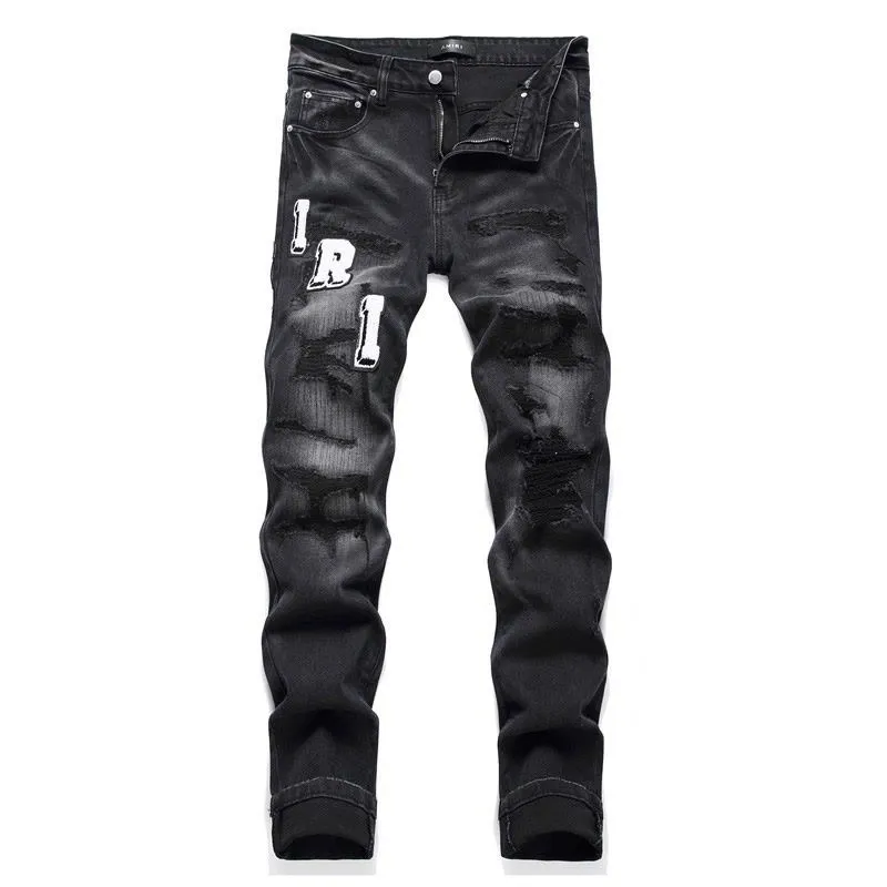 #M70 P168💰 AMIRI patch embroidery jeans trousers AMIRI high street basic ripped tight elastic jeans trousers amiri brand jeans break the production process and cutting of the original jeans, the fabrics are softer and more comfortable Hand-sewn collar label Customized logo buttons Genuine leather tag Color: Picture color Size: 30-32-34-36