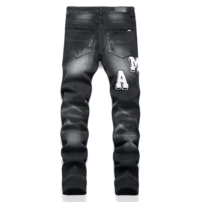 #M70 P168💰 AMIRI patch embroidery jeans trousers AMIRI high street basic ripped tight elastic jeans trousers amiri brand jeans break the production process and cutting of the original jeans, the fabrics are softer and more comfortable Hand-sewn collar label Customized logo buttons Genuine leather tag Color: Picture color Size: 30-32-34-36