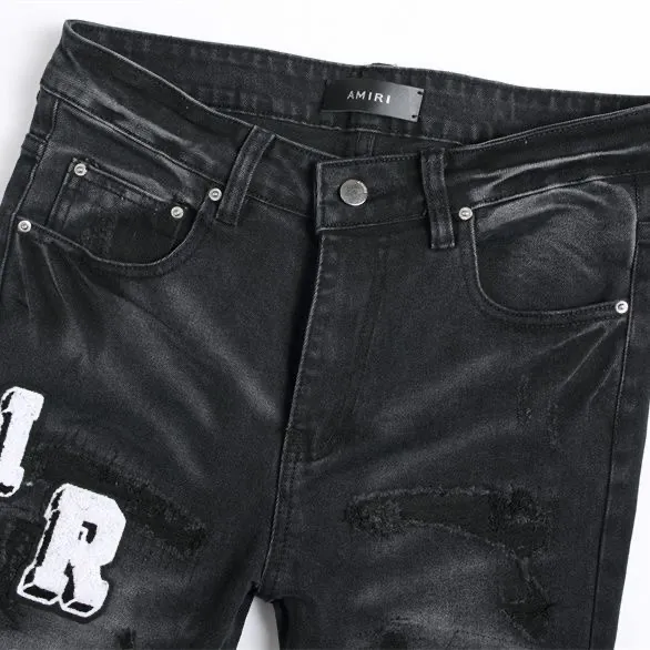 #M70 P168💰 AMIRI patch embroidery jeans trousers AMIRI high street basic ripped tight elastic jeans trousers amiri brand jeans break the production process and cutting of the original jeans, the fabrics are softer and more comfortable Hand-sewn collar label Customized logo buttons Genuine leather tag Color: Picture color Size: 30-32-34-36