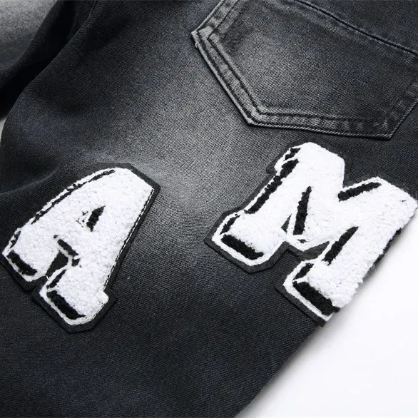 #M70 P168💰 AMIRI patch embroidery jeans trousers AMIRI high street basic ripped tight elastic jeans trousers amiri brand jeans break the production process and cutting of the original jeans, the fabrics are softer and more comfortable Hand-sewn collar label Customized logo buttons Genuine leather tag Color: Picture color Size: 30-32-34-36