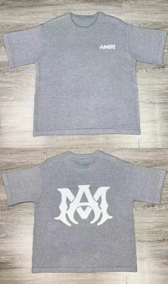 P190 🎉AMIRI new short-sleeved sweater, letter jacquard on the chest, exclusive large logo jacquard on the back, color: gray black number: S M L XL XXL