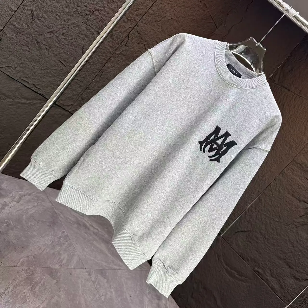 P210 AMIRI* 2025 autumn and winter new round neck sweatshirt 400g terry cotton letter logo three-dimensional foam Color: Black White Gray Dark Blue Size: S M L XL XXL