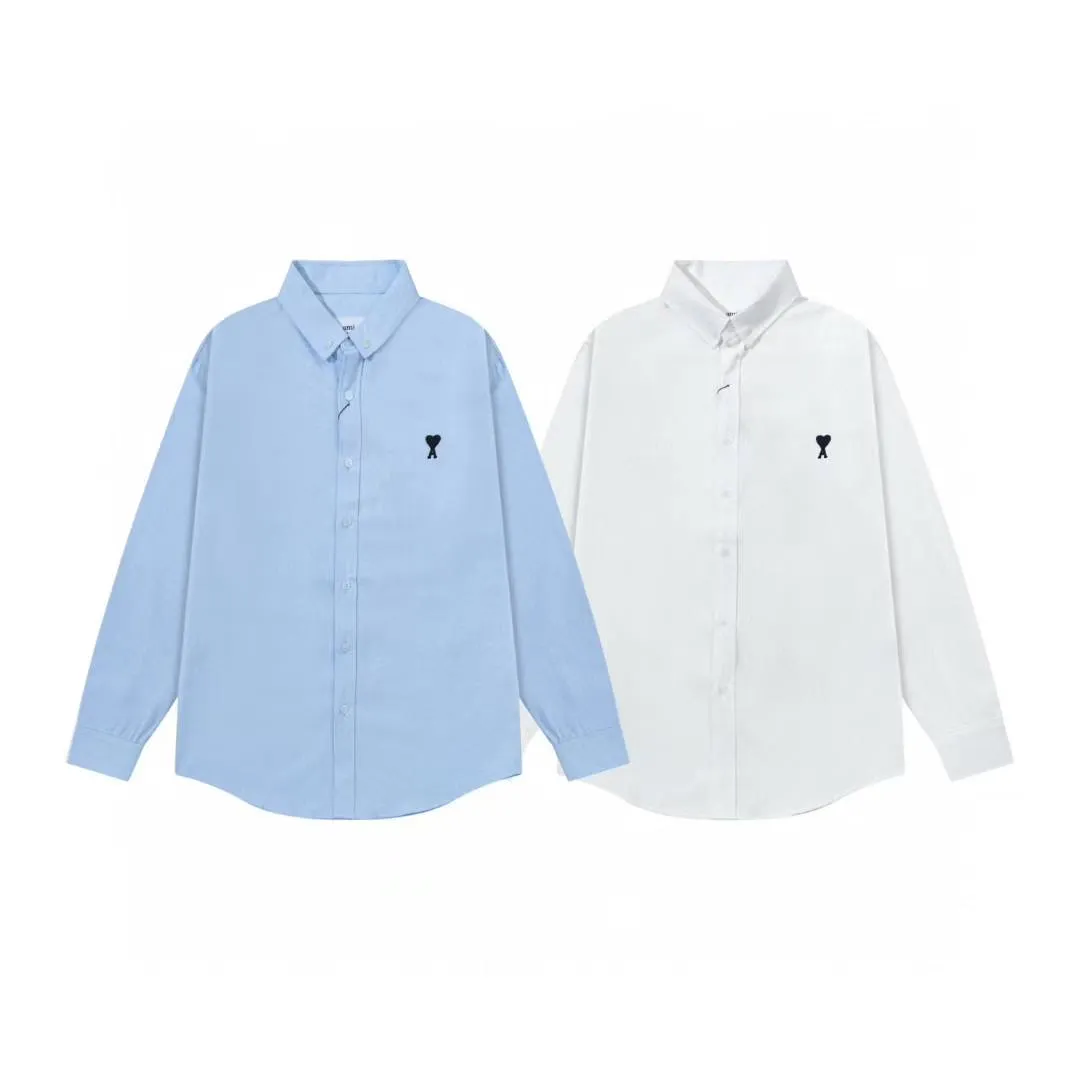 2219# AMI Paris 2025 Autumn and Winter Black classic small love embroidery on the chest Casual cotton solid color long-sleeved Oxford shirt Original custom-made 180g pure cotton fabric Regular version Same style for men and women Color: White Blue Size: S-XL
