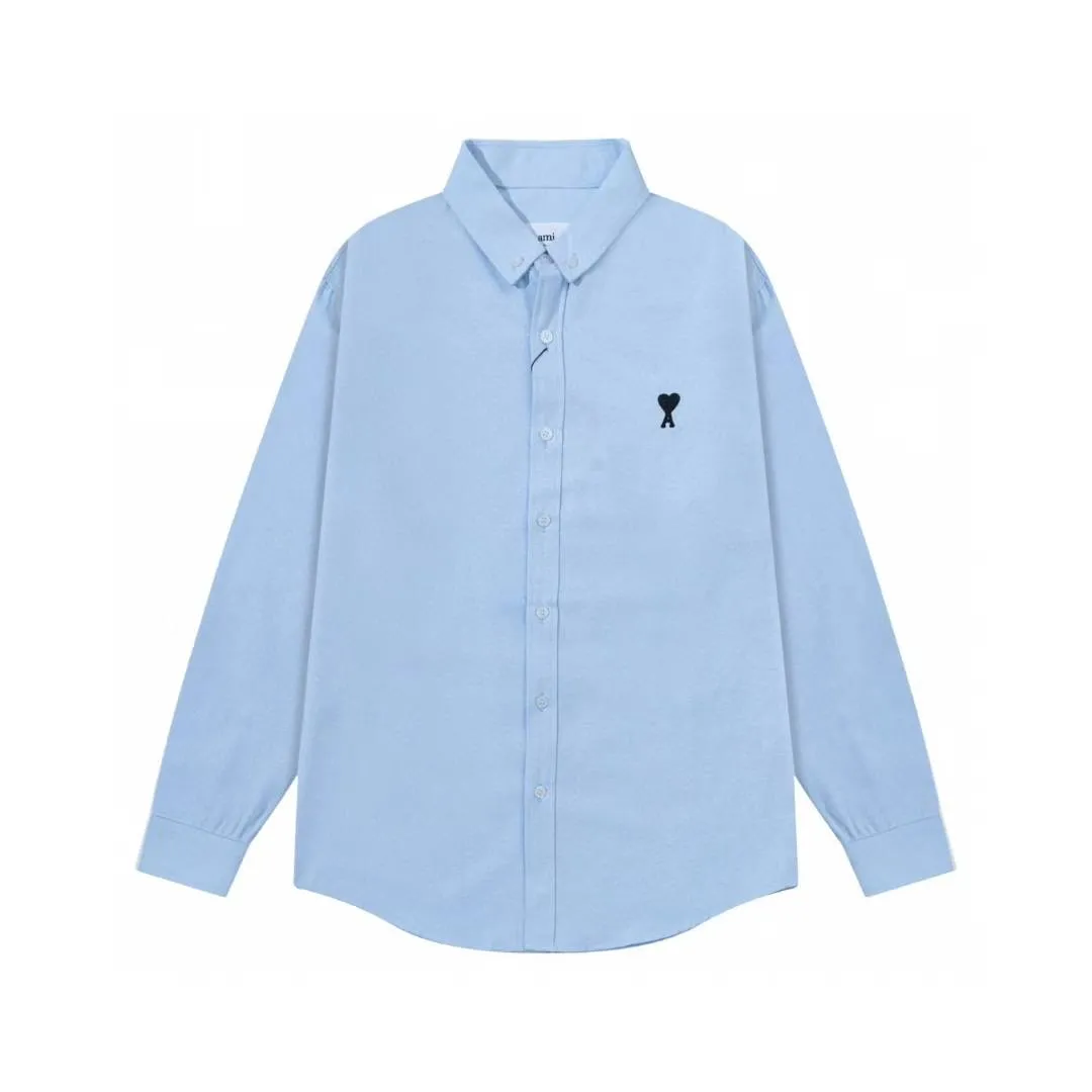 2219# AMI Paris 2025 Autumn and Winter Black classic small love embroidery on the chest Casual cotton solid color long-sleeved Oxford shirt Original custom-made 180g pure cotton fabric Regular version Same style for men and women Color: White Blue Size: S-XL