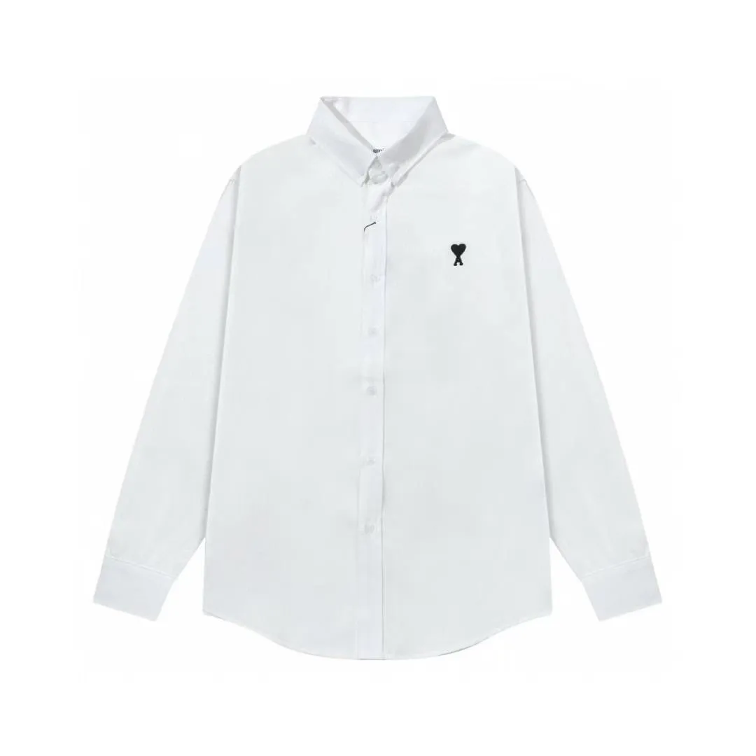 2219# AMI Paris 2025 Autumn and Winter Black classic small love embroidery on the chest Casual cotton solid color long-sleeved Oxford shirt Original custom-made 180g pure cotton fabric Regular version Same style for men and women Color: White Blue Size: S-XL