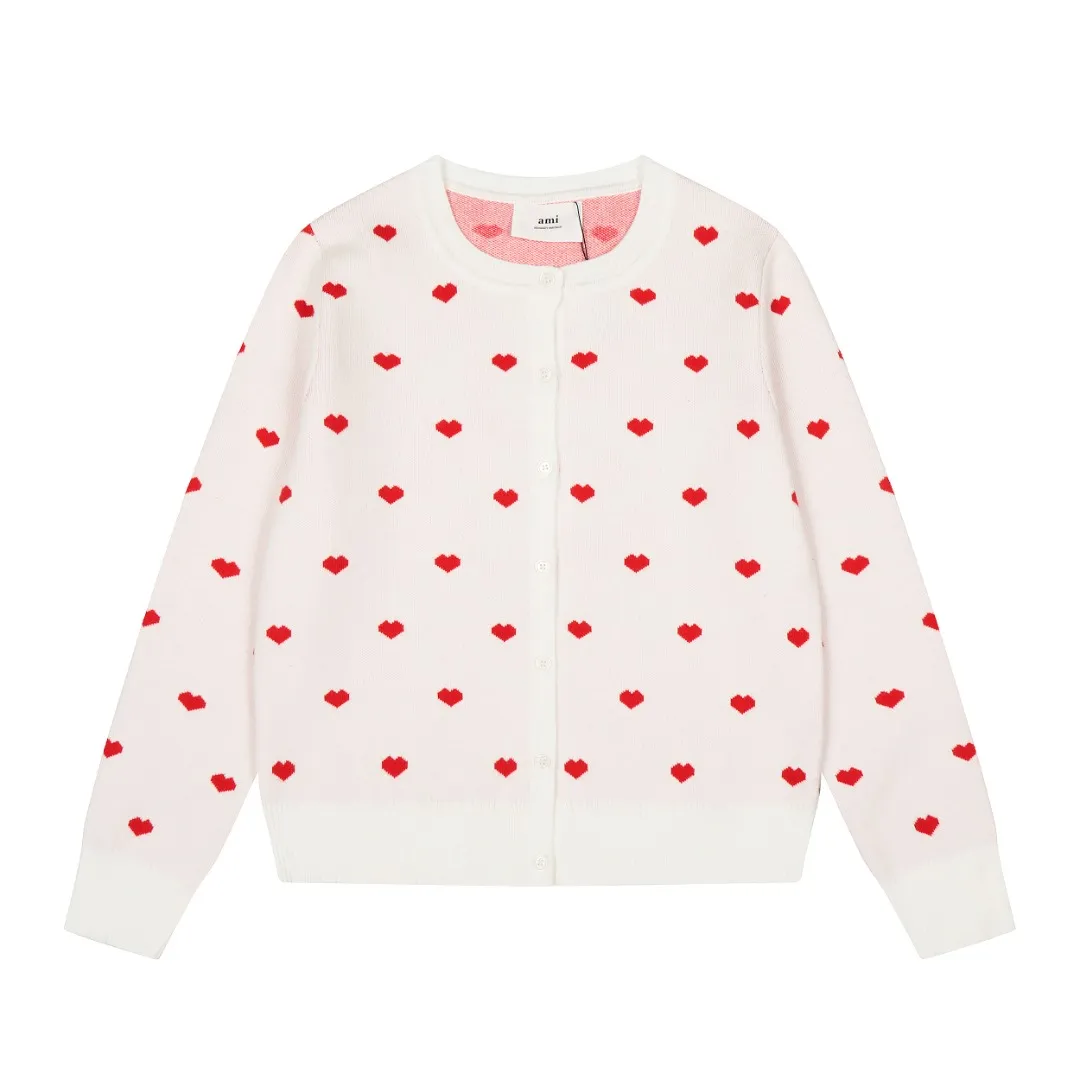 Ami/Ami's new jacquard love-printed goddess style must-have autumn and winter knitted cardigan small jacket Size: S-XL Color: White red heart Black red heart Red white heart Milky apricot purple heart Navy blue white heart Pink red heart