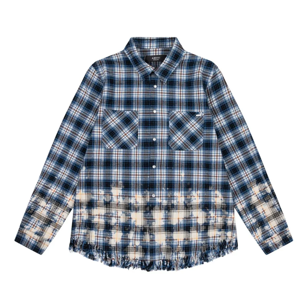 7097-1#P300AMIRI hardware logo, casual plaid shirt with acid splash raw edge technology, color: blue, size: S M L XL