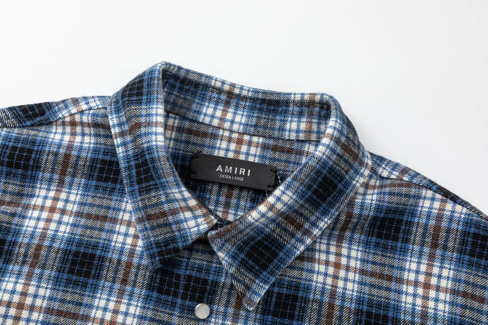 7097-1#P300AMIRI hardware logo, casual plaid shirt with acid splash raw edge technology, color: blue, size: S M L XL