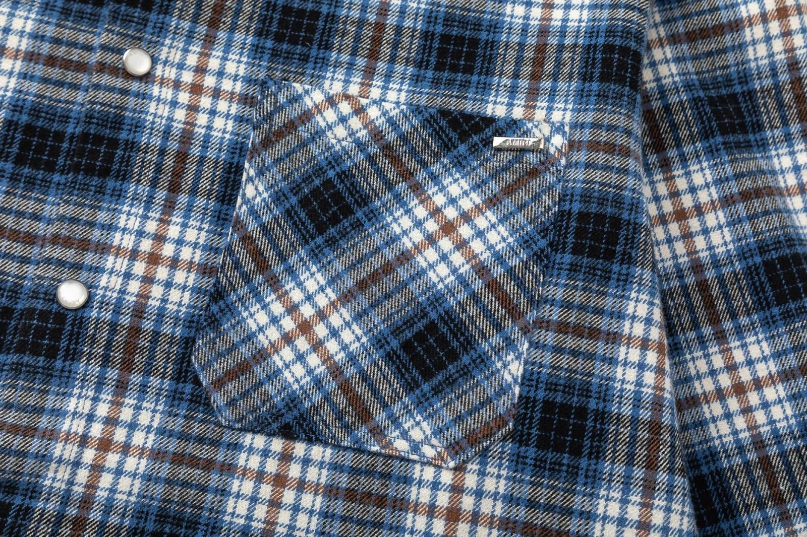 7097-1#P300AMIRI hardware logo, casual plaid shirt with acid splash raw edge technology, color: blue, size: S M L XL