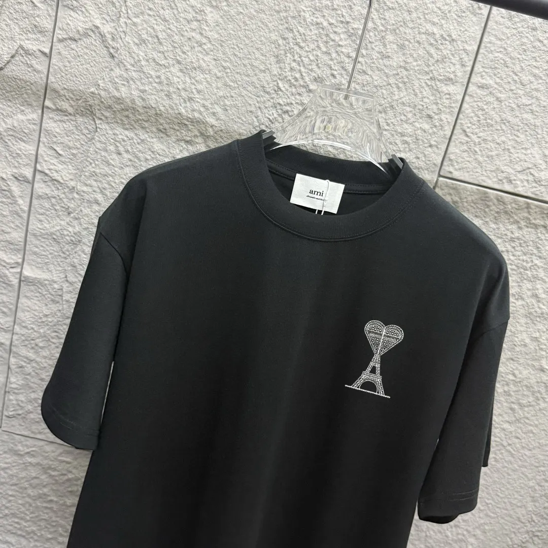 🅿️180 Ami* Love Embroidery 2025 Spring and Summer New Love Tower A embroidered letter pattern Customized double yarn plain cotton fabric Short-sleeved T-shirt Uniform for men and women Color: White Angora Red Black Size: S (90-130 catties) M (120-150 catties) L (140-165 catties) XL (160-180 catties) XXL (180-210 pounds)