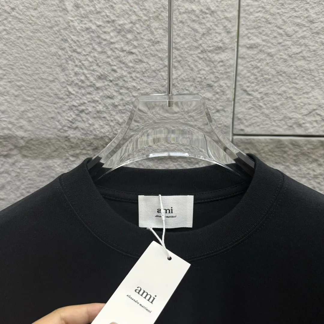 🅿️180 Ami* Love Embroidery 2025 Spring and Summer New Love Tower A embroidered letter pattern Customized double yarn plain cotton fabric Short-sleeved T-shirt Uniform for men and women Color: White Angora Red Black Size: S (90-130 catties) M (120-150 catties) L (140-165 catties) XL (160-180 catties) XXL (180-210 pounds)