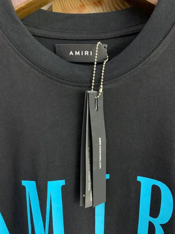 Model 661 P114 AMIRI real shot, black printed with blue letters, hanging S. M. L. XL