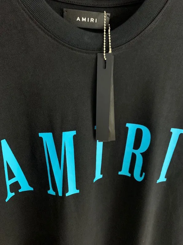 Model 661 P114 AMIRI real shot, black printed with blue letters, hanging S. M. L. XL