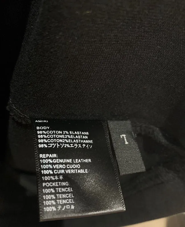 Model 661 P114 AMIRI real shot, black printed with blue letters, hanging S. M. L. XL