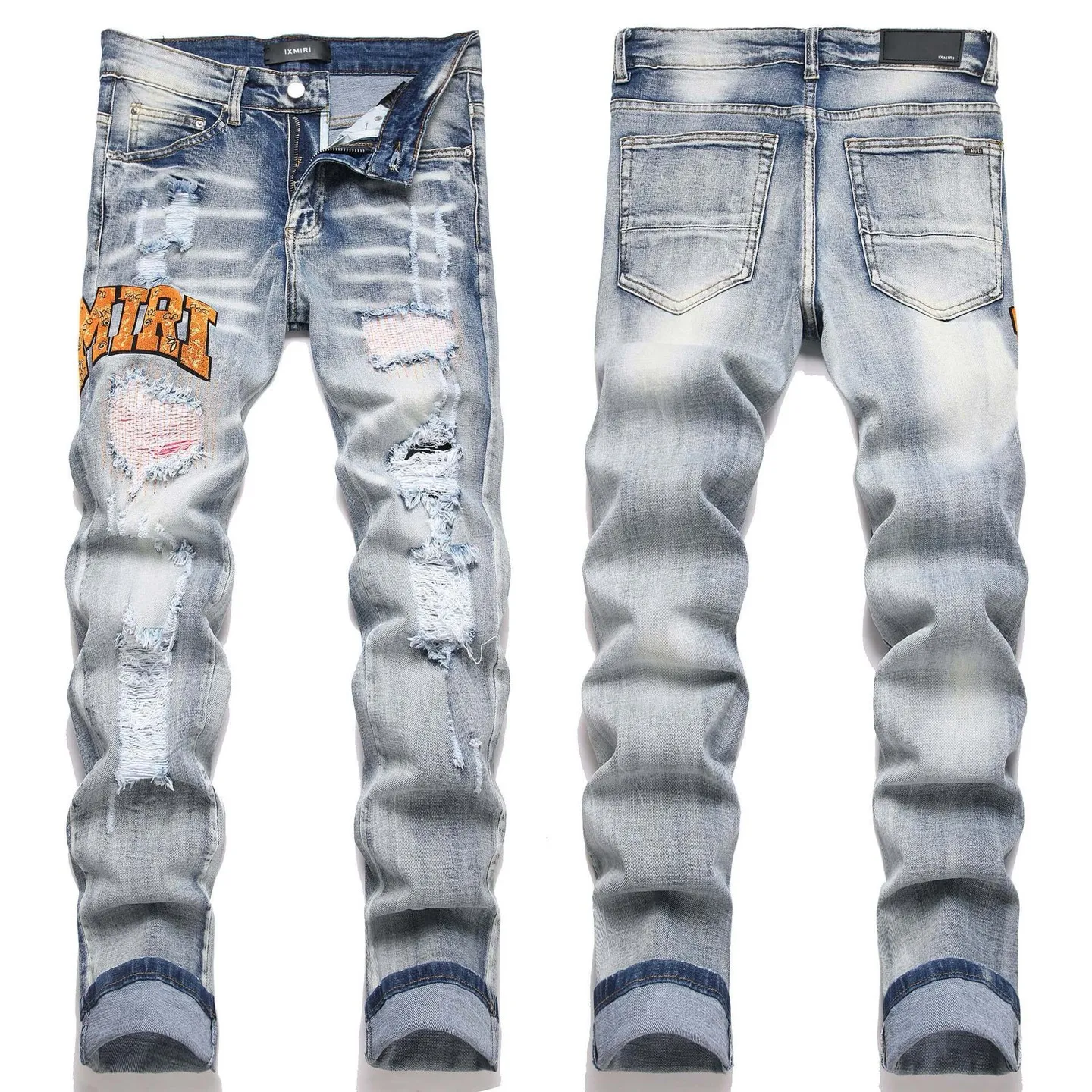 #M88 P168💰 AMIRI patch embroidery jeans trousers AMIRI high street basic ripped tight elastic jeans trousers amiri brand jeans break the production process and cutting of the original jeans, the fabrics are softer and more comfortable Hand-sewn collar label Customized logo buttons Genuine leather tag Color: Picture color Size: 30-32-34-36