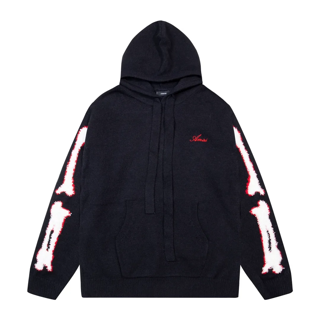 P340 AMIRI new letter logo jacquard, tassels damaged hole hooded sweater Color: apricot gray red black Size: S M L XL XXL