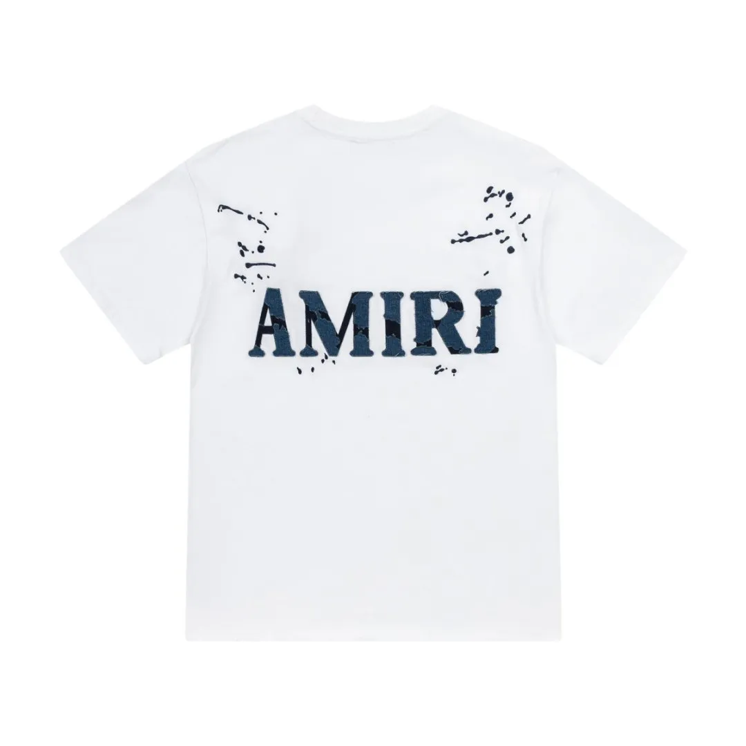 8020#P170amiri washed ripped denim patch with embroidered logo, made of 300g fabric, color: black, white. Size: S M L XL