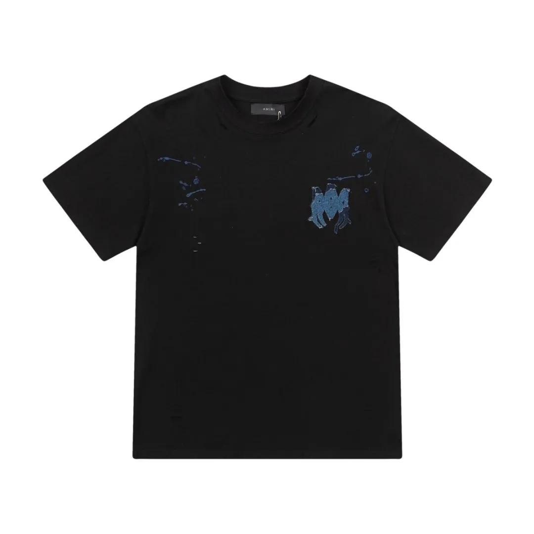 8020#P170amiri washed ripped denim patch with embroidered logo, made of 300g fabric, color: black, white. Size: S M L XL
