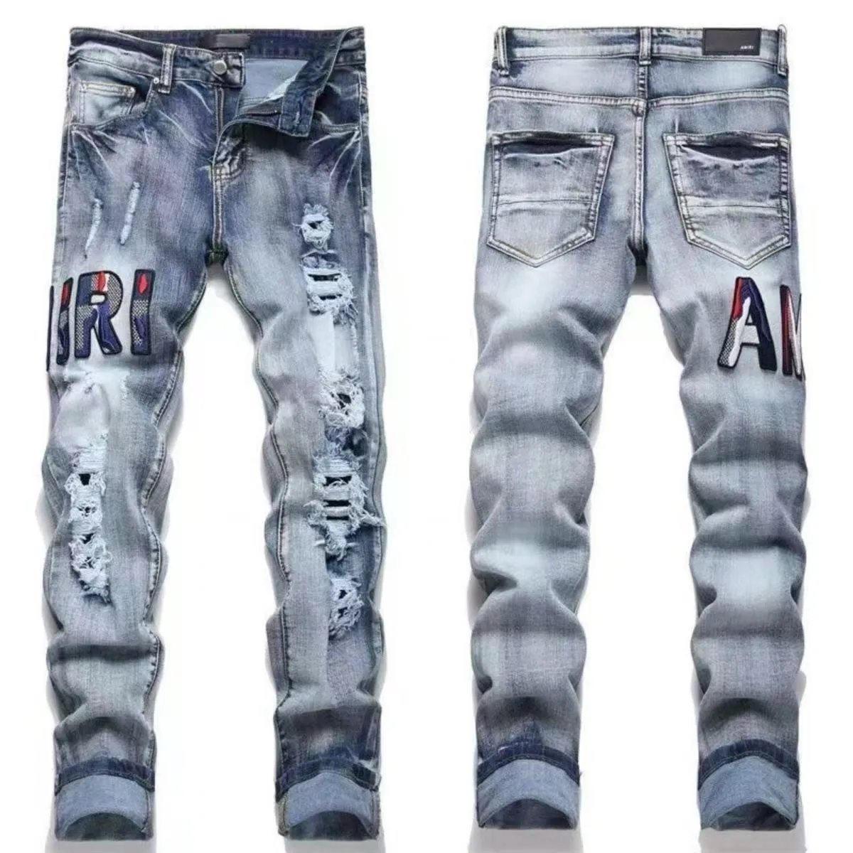 P168 💰 AMIRI patch embroidery jeans trousers AMIRI high street basic ripped tight elastic jeans trousers amiri brand jeans break the production process and cutting of the original jeans, the fabrics are softer and more comfortable Hand-sewn collar label Customized logo buttons Genuine leather tag Color: Picture color Size: 30-32-34-36