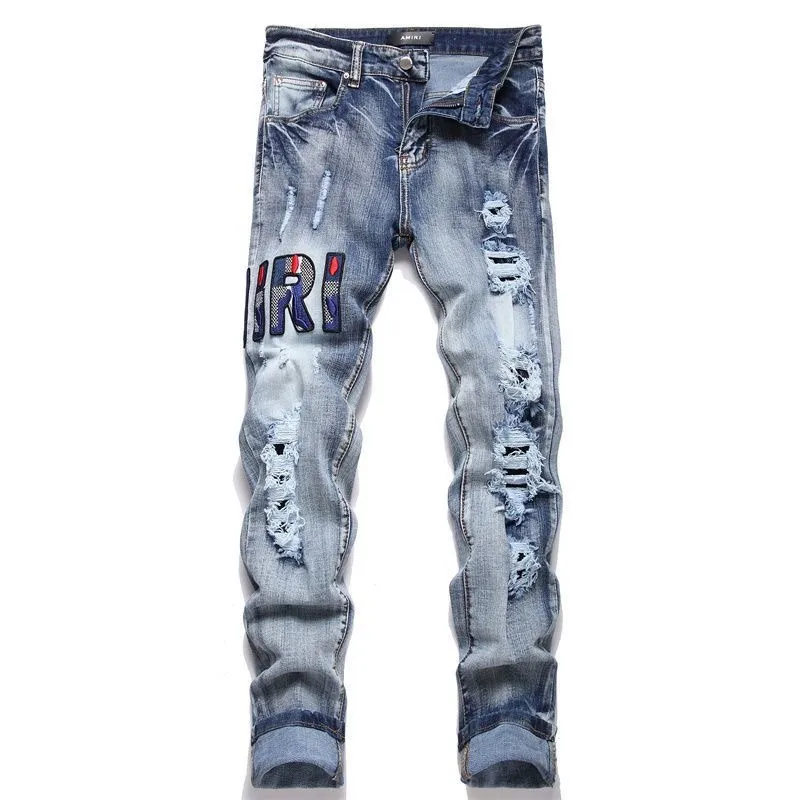 P168 💰 AMIRI patch embroidery jeans trousers AMIRI high street basic ripped tight elastic jeans trousers amiri brand jeans break the production process and cutting of the original jeans, the fabrics are softer and more comfortable Hand-sewn collar label Customized logo buttons Genuine leather tag Color: Picture color Size: 30-32-34-36