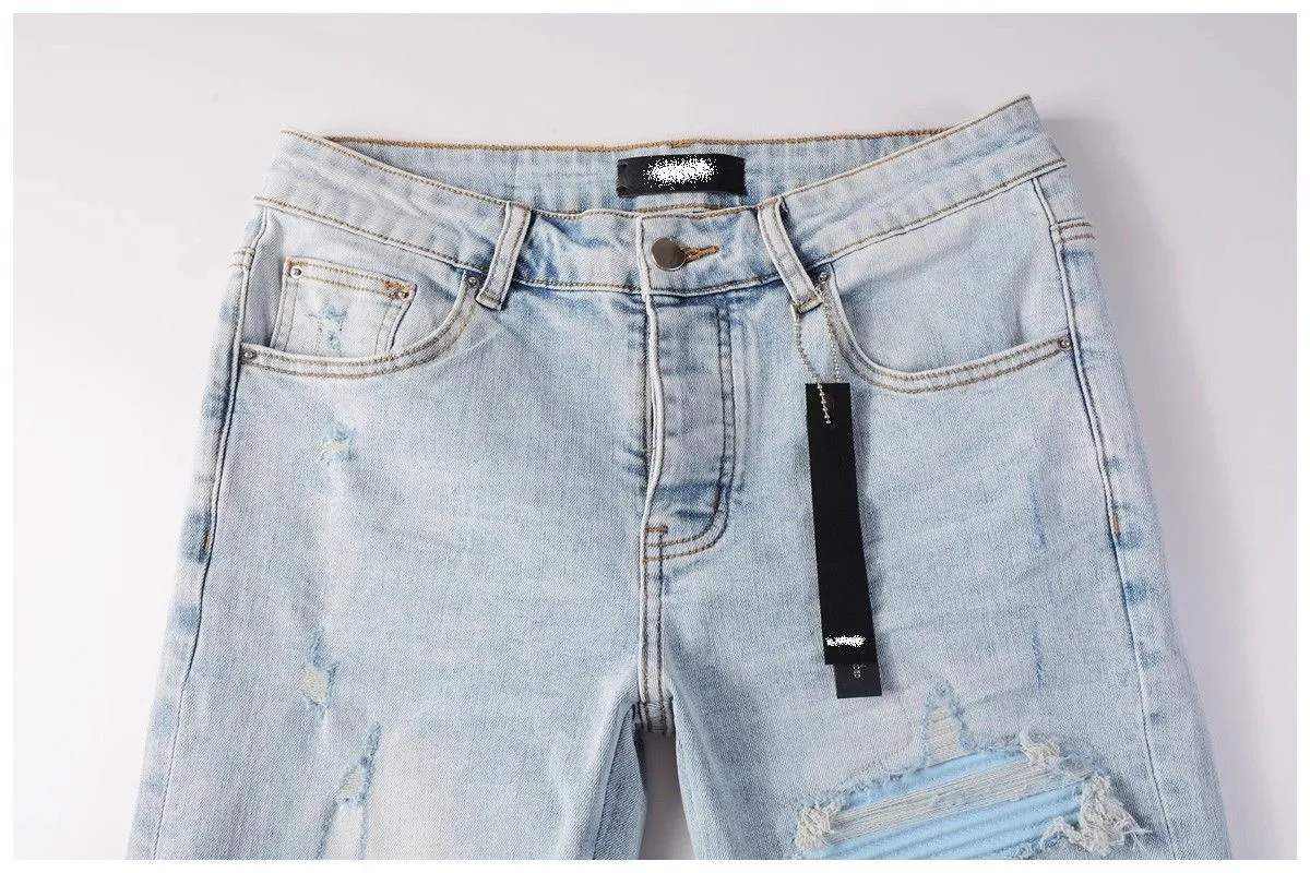 P220 💰 AMIRI patch embroidery jeans trousers AMIRI high street basic ripped tight elastic jeans trousers amiri brand jeans break the production process and cutting of the original jeans, the fabrics are softer and more comfortable Hand-sewn collar label Customized logo buttons Genuine leather tag Color: Picture color Size: 30-32-34-36