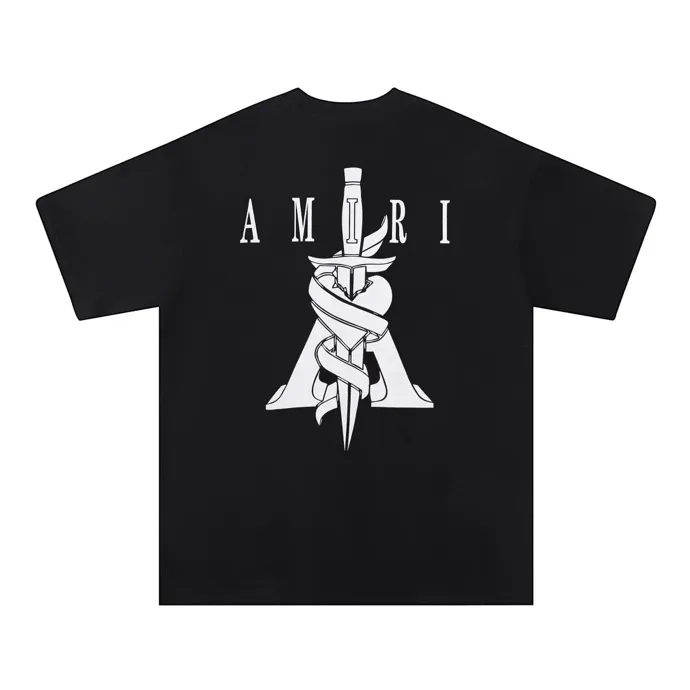 Style number: 667 P114 Fabric: 260g double yarn AMIRI 2025 spring and summer new logo round neck T-shirt high street men and women loose classic letter sword short sleeves Color: black white Size: S M L XL