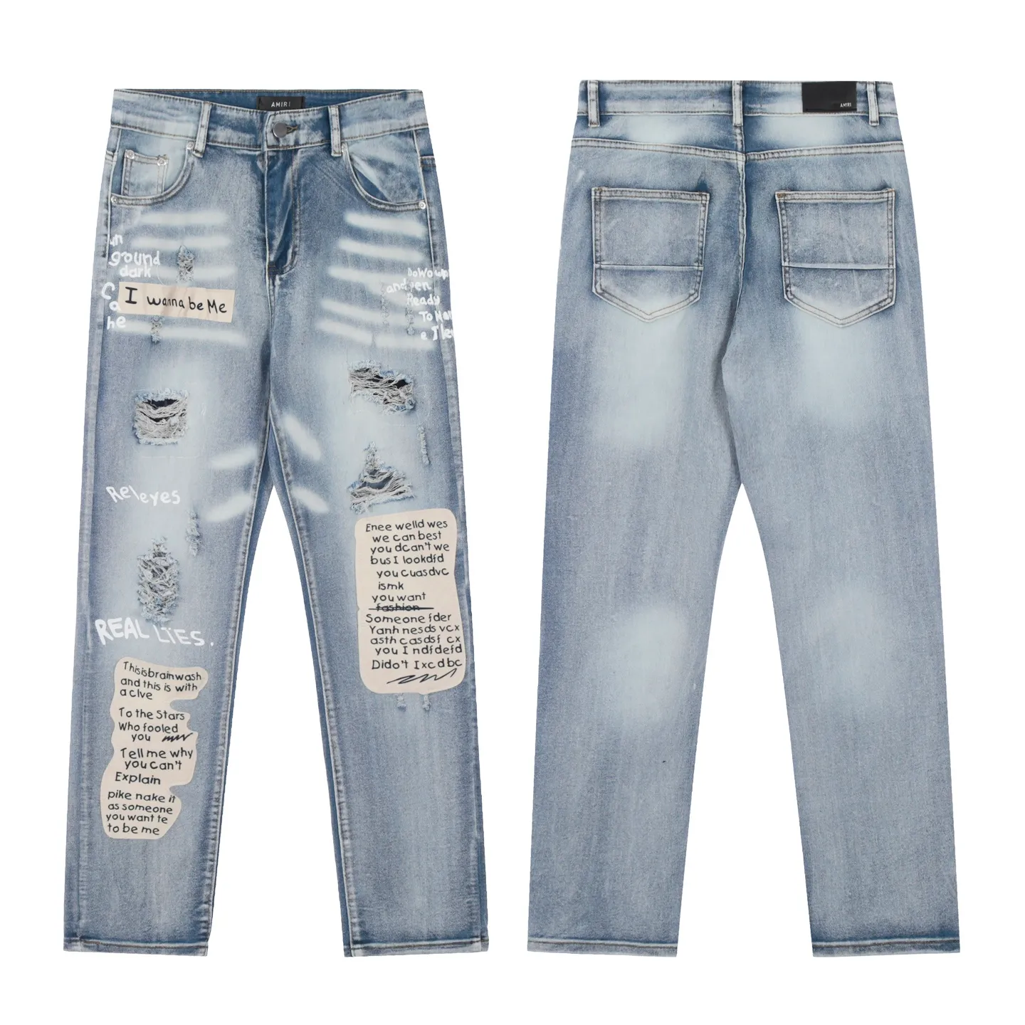 #M40 P168💰 Amiri classic embroidered patched leather ripped letter jeans, slim fit jeans, produced by a major washed factory, full of high-end feel, partially destroyed knee design with leather patch design, has been used as a facade design, leather waist nameplate, the focus of this style is not on the washing, but on the destroyed shape and version. The secret lies in the craftsmanship of the master. The cost of post-processing, grinding, cutting, etc. is far beyond the cost of assembly line products. Color: Picture color Size: 30-32-34-36