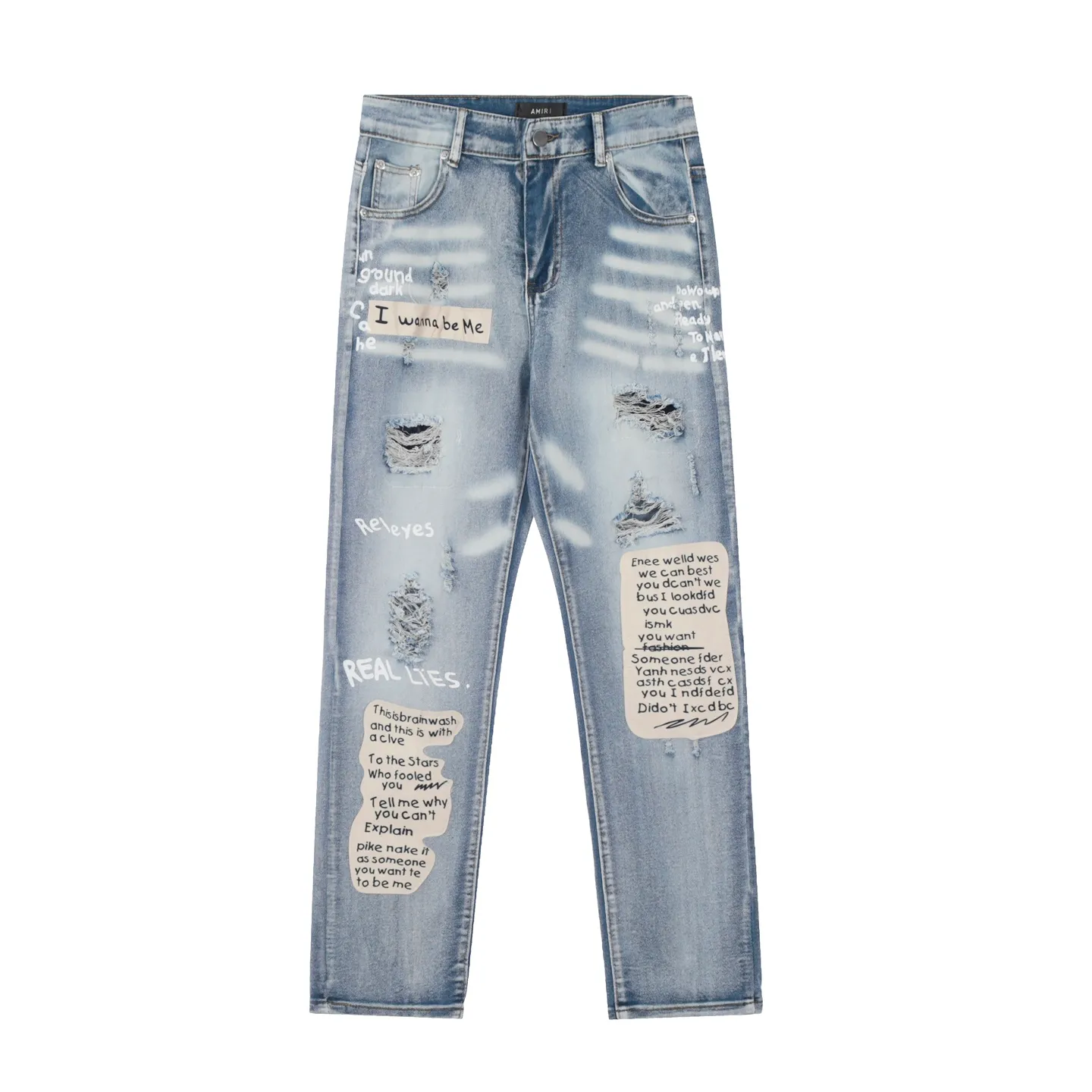 #M40 P168💰 Amiri classic embroidered patched leather ripped letter jeans, slim fit jeans, produced by a major washed factory, full of high-end feel, partially destroyed knee design with leather patch design, has been used as a facade design, leather waist nameplate, the focus of this style is not on the washing, but on the destroyed shape and version. The secret lies in the craftsmanship of the master. The cost of post-processing, grinding, cutting, etc. is far beyond the cost of assembly line products. Color: Picture color Size: 30-32-34-36