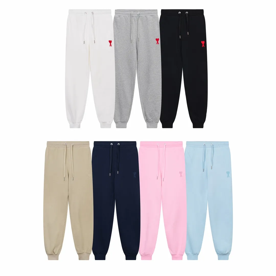 CY510# Ami Paris 2023 new medium love towel embroidered spring and summer new red love sports casual trousers drawstring sweatpants Customized 400g pure cotton fabric, same style for men and women Color: black white candy pink sky blue floral gray vanilla apricot Baolan Size: S-XL