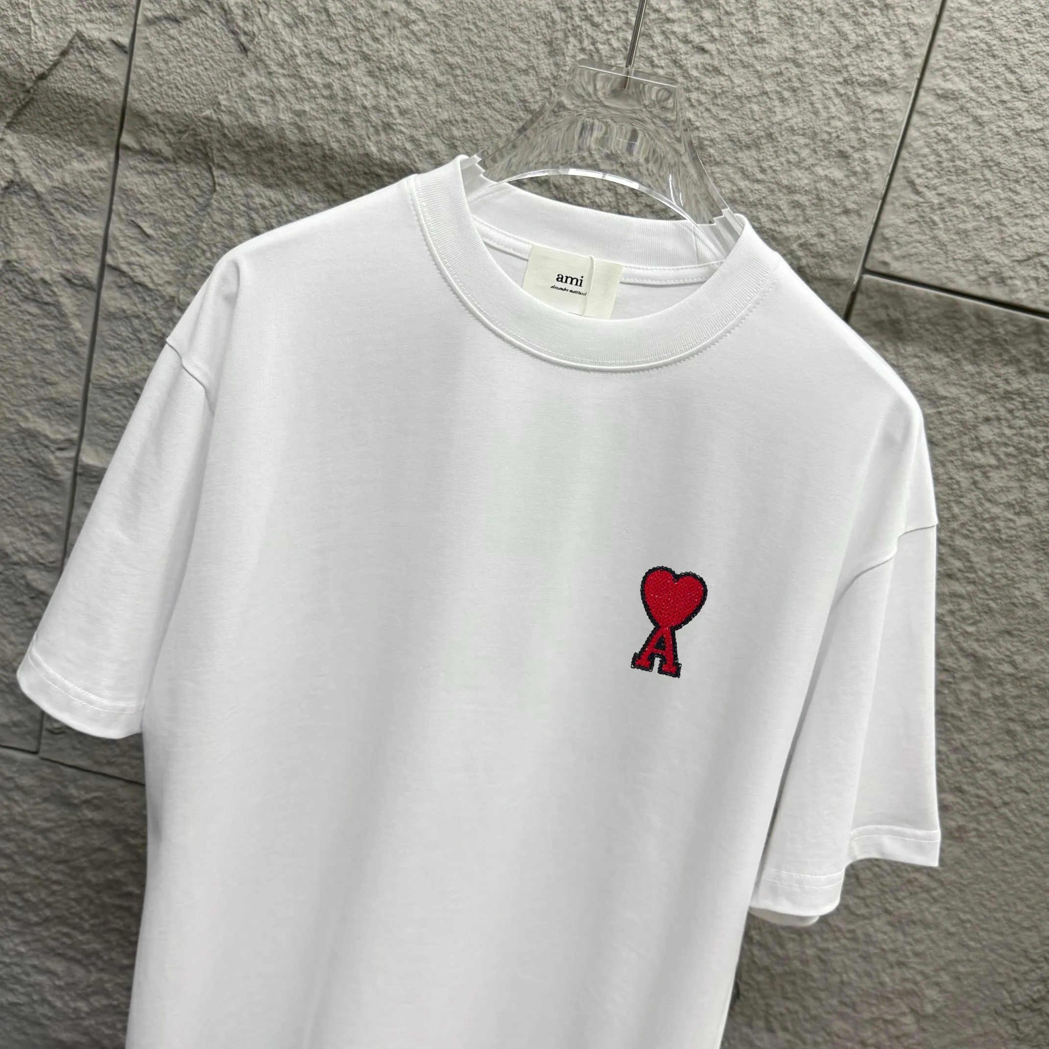 🅿️180 Ami* 2025 spring and summer new style Ami framed love letter embroidery Customized double yarn plain cotton fabric Short-sleeved T-shirt Uniform for men and women Color: black white floral gray Size: S (90-130 pounds) M (120-150 pounds) L (140-165 pounds) XL (160-180 pounds) XXL (180-210 pounds)