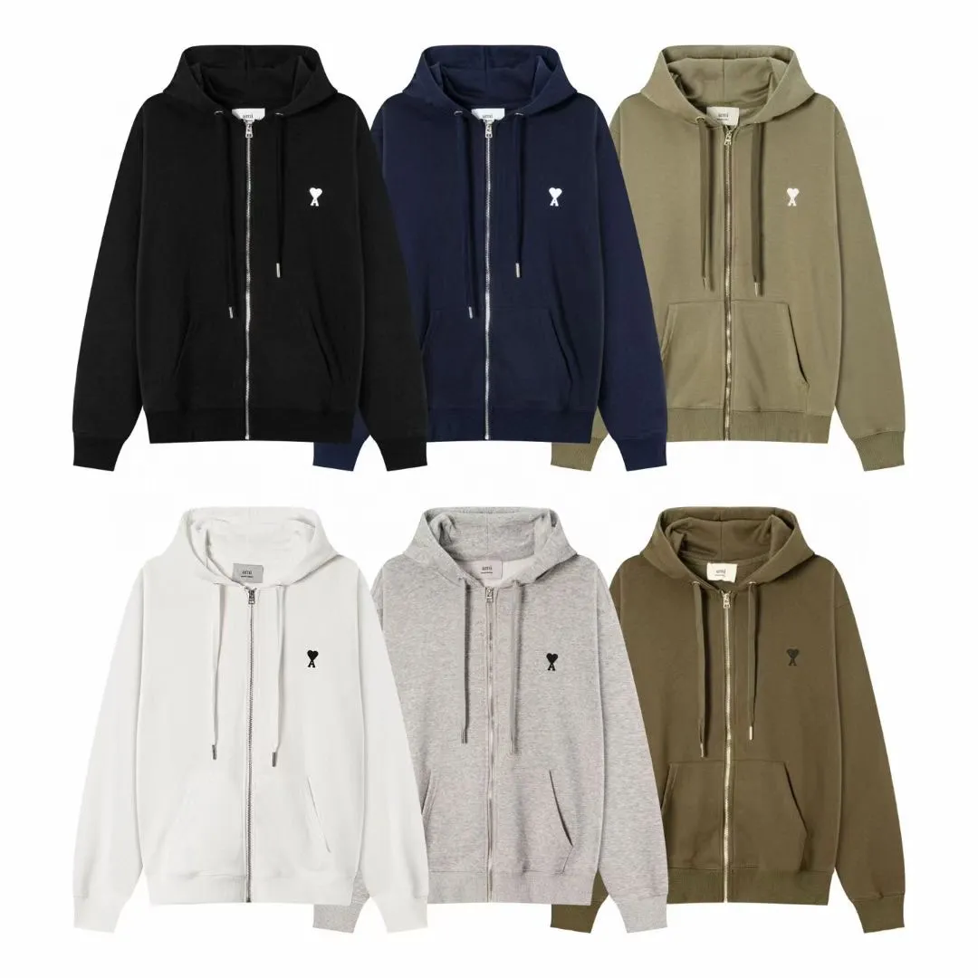669# AMI Paris 2025 autumn and winter new product ADC small love embroidered hooded cardigan sweatshirt. Customized 360g pure cotton fabric. New main wheat. Washable wheat QR code can be scanned. Same style for men and women. Color: black, white, orchid, gray, light green, dark green. Size: S-XL