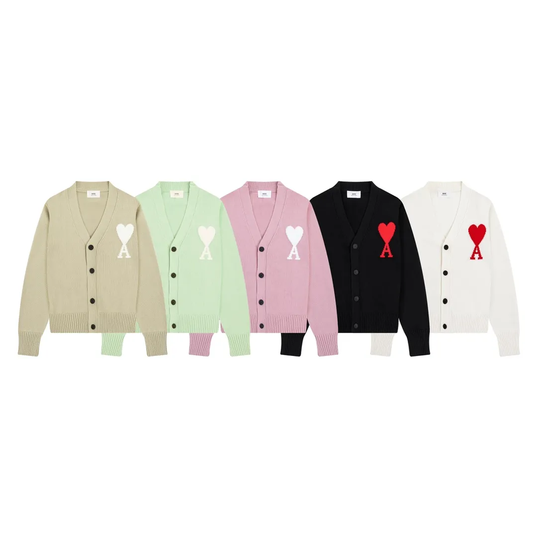 CYA28# 2022 spring and summer new Ami de Coeur macaron love jacquard cardigan sweater for men and women. Color: black, white, light pink, light green, apricot. Size: S-XL