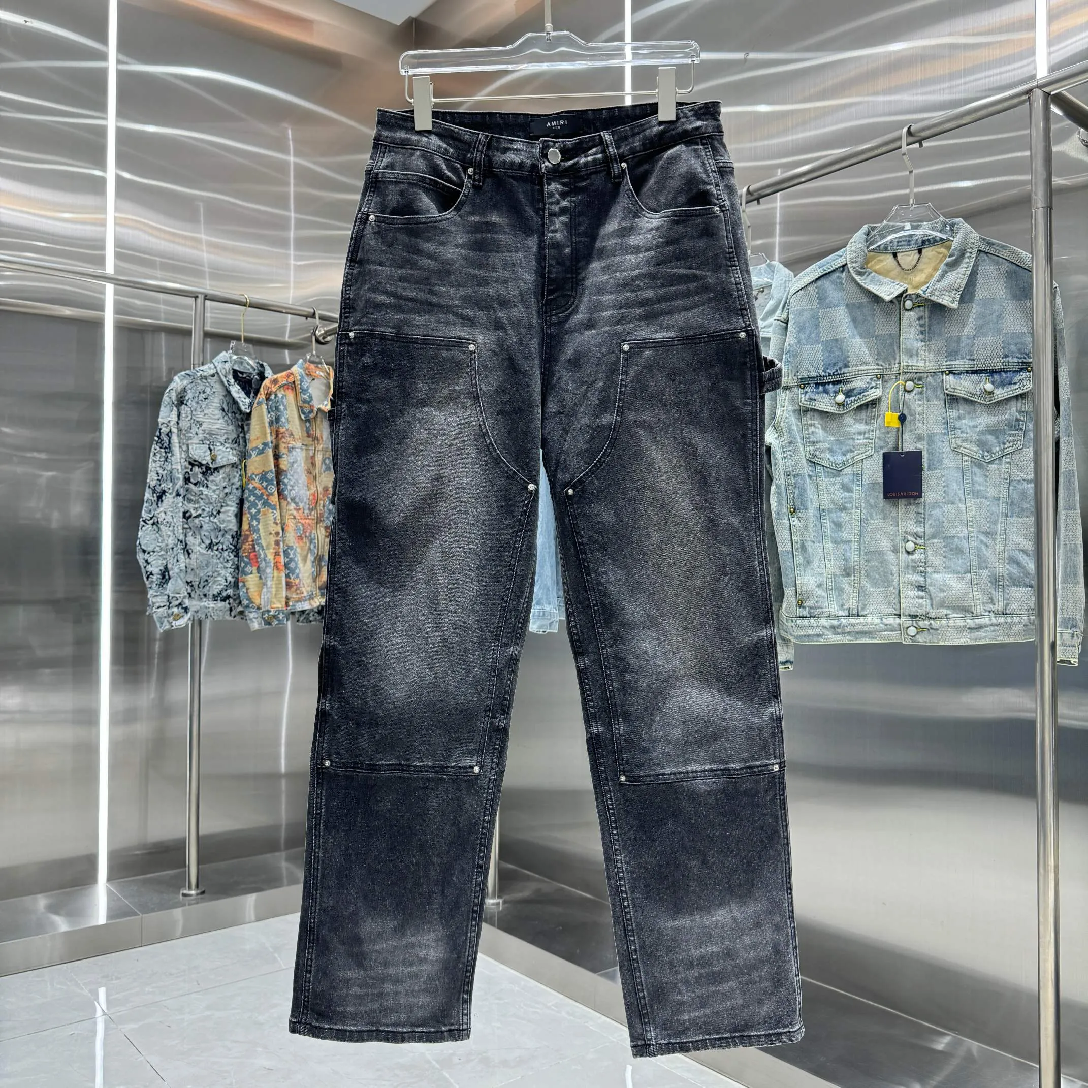 P300 Amiri heavy-duty washed workwear street fashion loose straight jeans Color Black Size 30 32 34 36 38