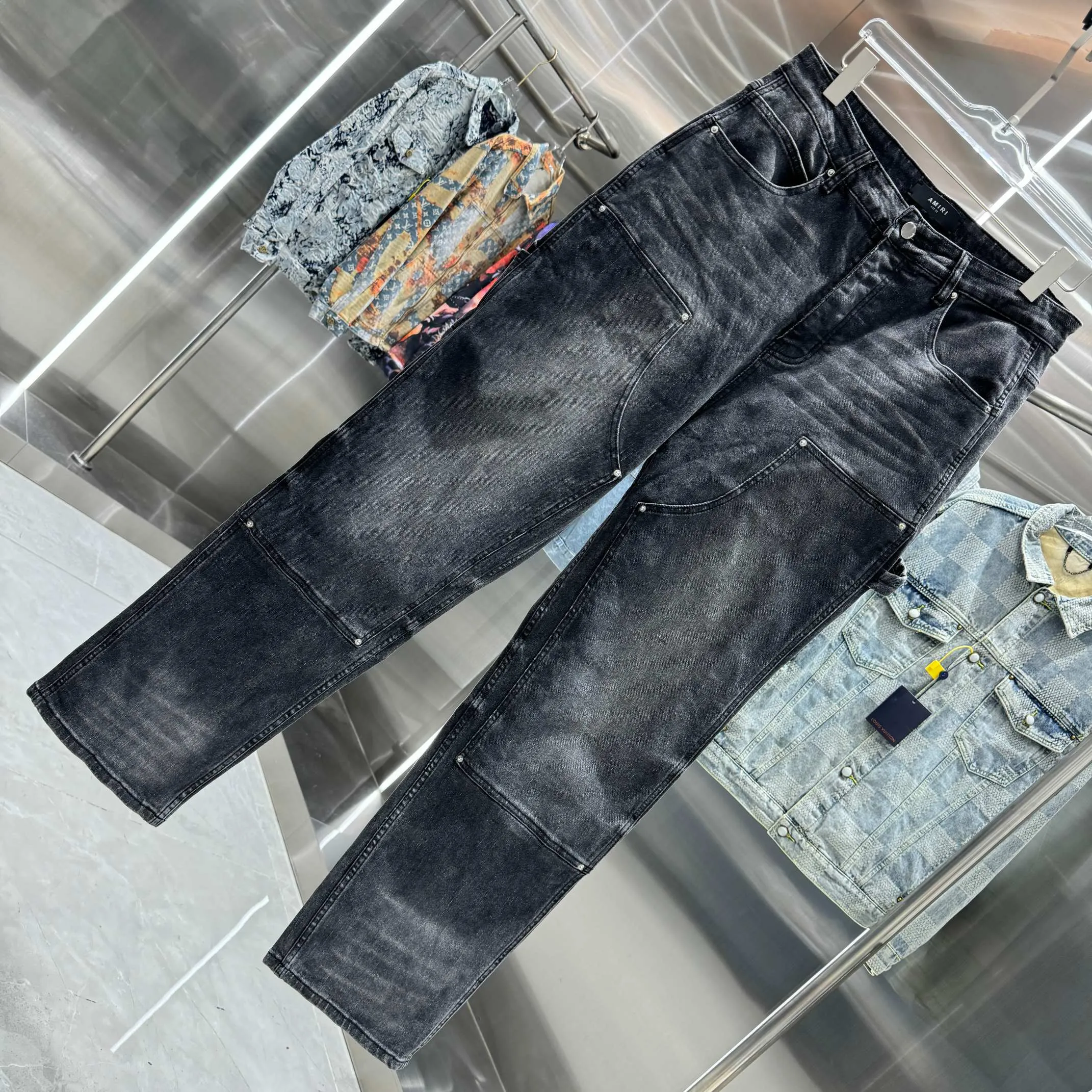 P300 Amiri heavy-duty washed workwear street fashion loose straight jeans Color Black Size 30 32 34 36 38