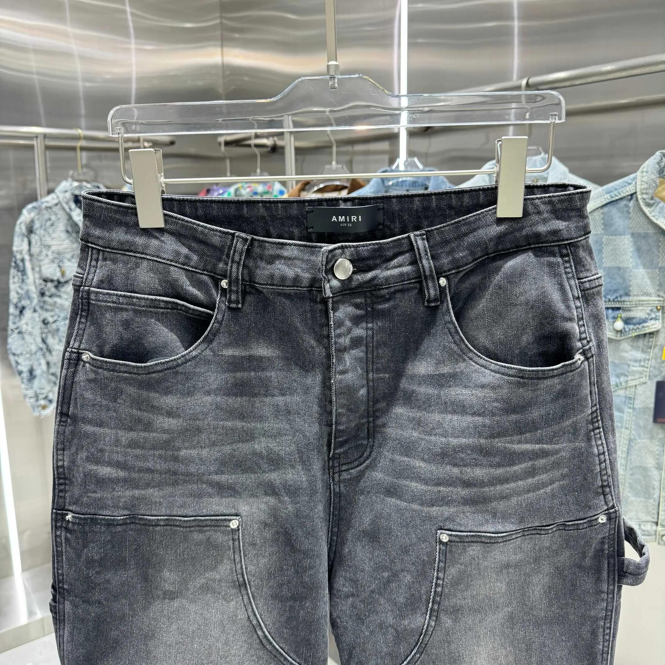 P300 Amiri heavy-duty washed workwear street fashion loose straight jeans Color Black Size 30 32 34 36 38