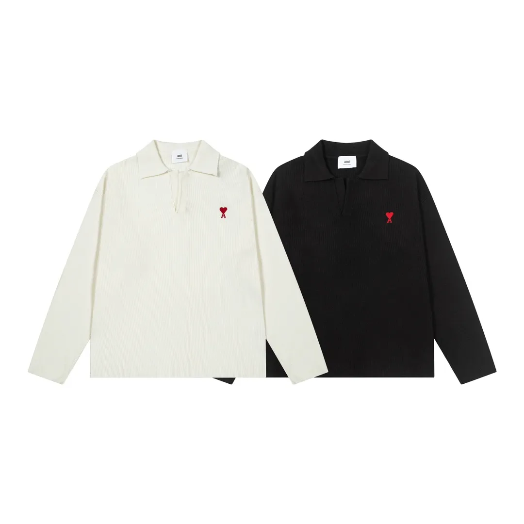 8156# Ami Paris2024 new autumn and winter small love embroidered wool Ami De Coeur polo collar pullover sweater for men and women. Color: black white. Size S-XL