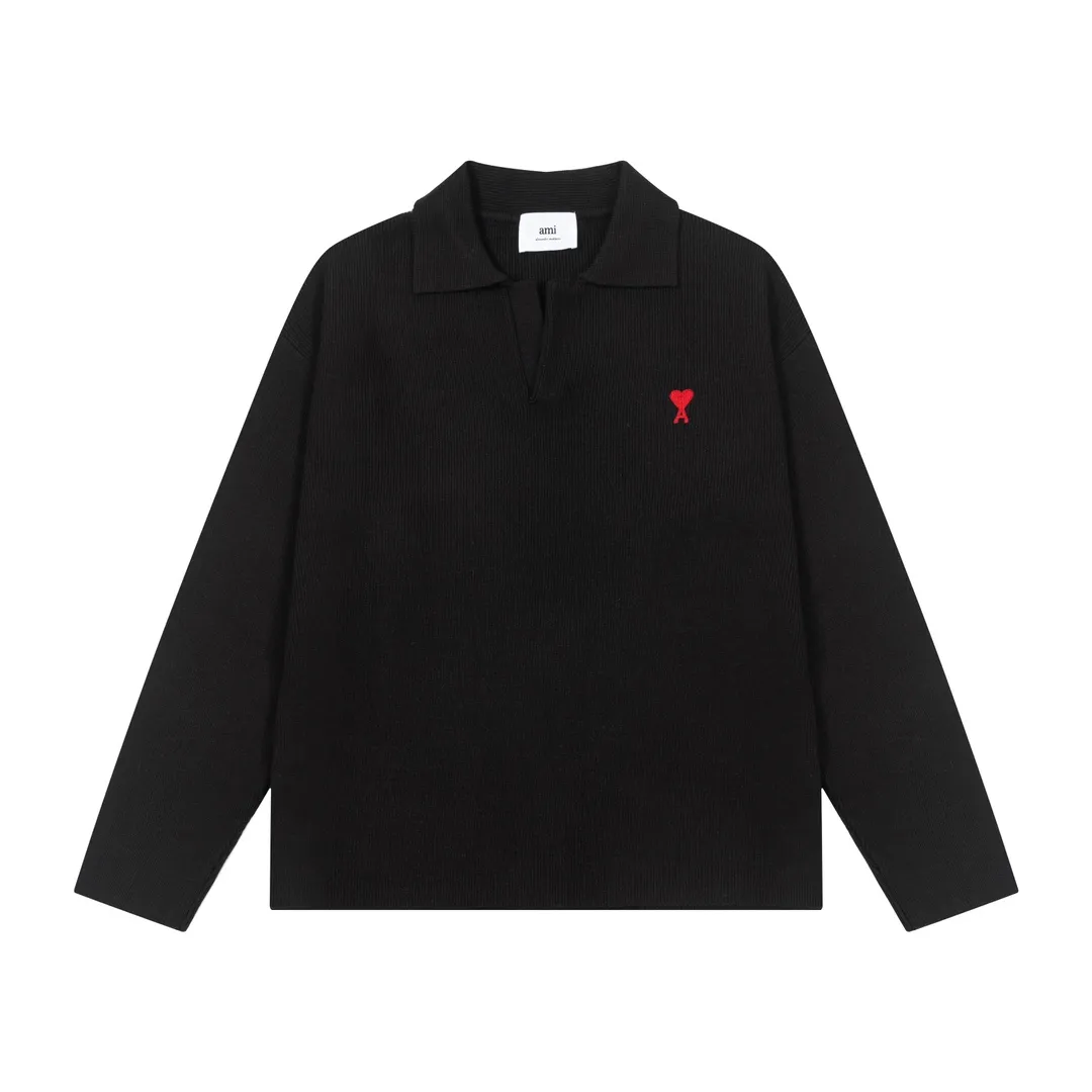 8156# Ami Paris2024 new autumn and winter small love embroidered wool Ami De Coeur polo collar pullover sweater for men and women. Color: black white. Size S-XL