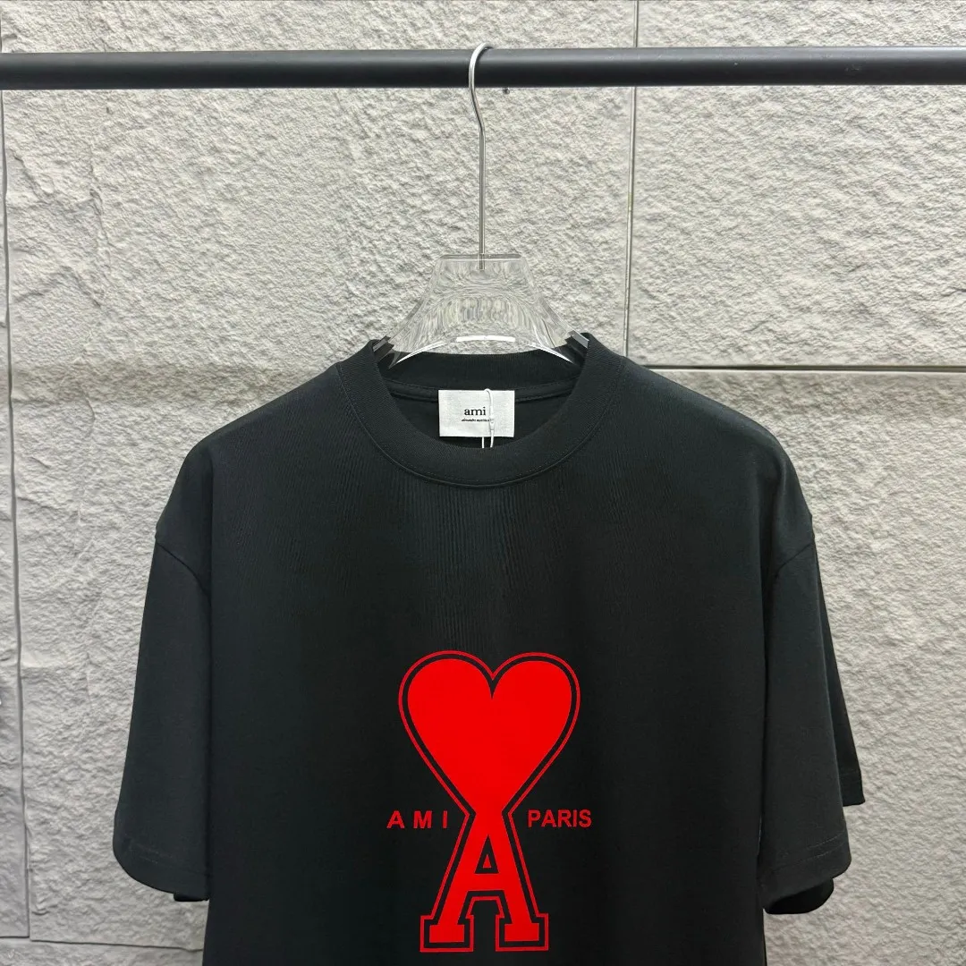 🅿️180 Ami* 2025 spring and summer new style Ami love letter red flocking Customized double yarn plain cotton fabric Short-sleeved T-shirt Uniform for men and women Color: black white floral gray Size: S (90-130 pounds) M (120-150 pounds) L (140-165 pounds) XL (160-180 pounds) XXL (180-210 pounds)