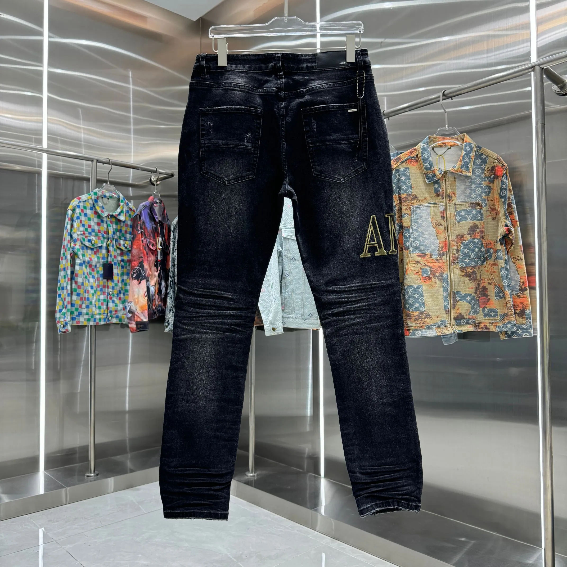 P280 Amiri ripped letter embroidery craft street fashion slim fit stretch jeans Color Black Size 30 32 34 36 38