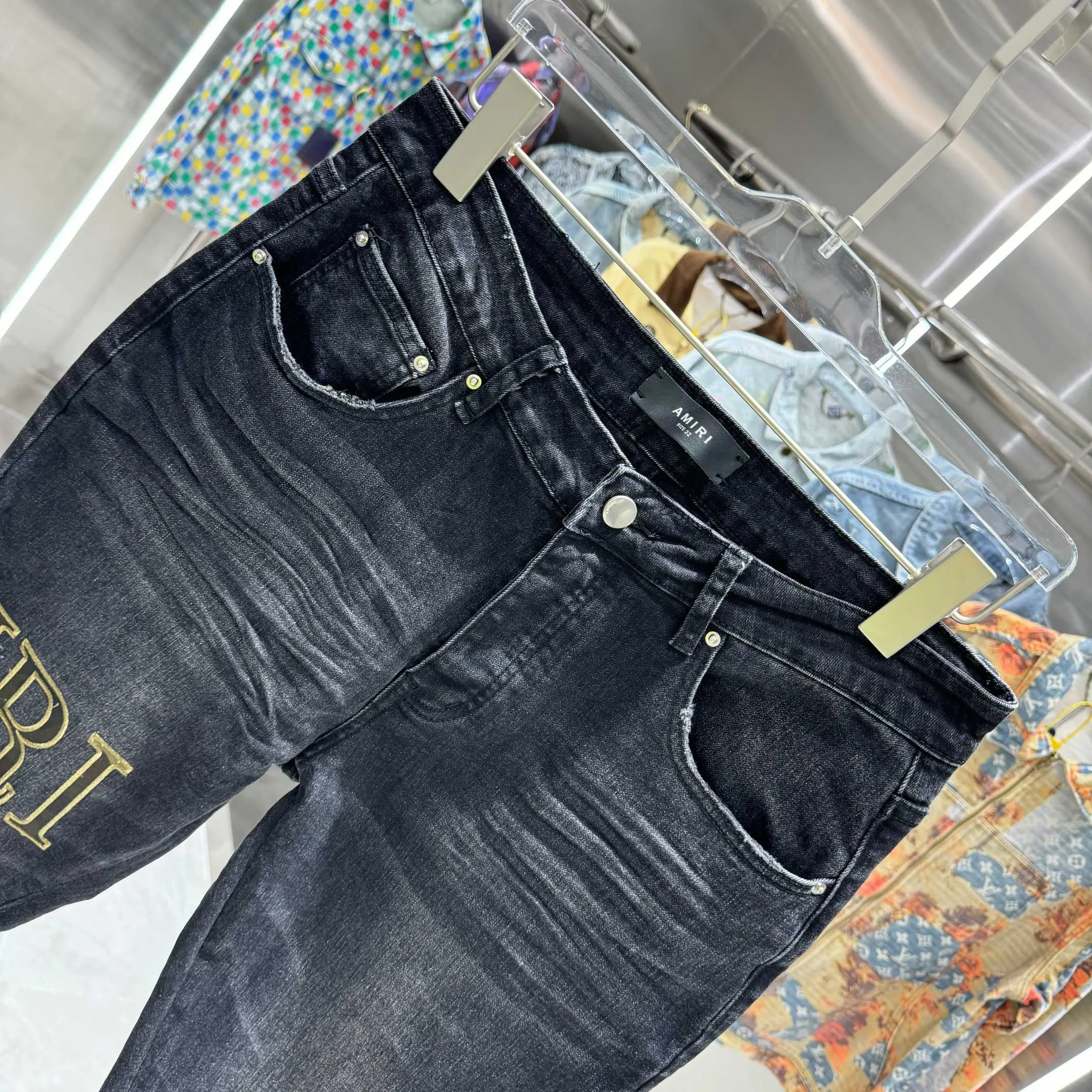 P280 Amiri ripped letter embroidery craft street fashion slim fit stretch jeans Color Black Size 30 32 34 36 38
