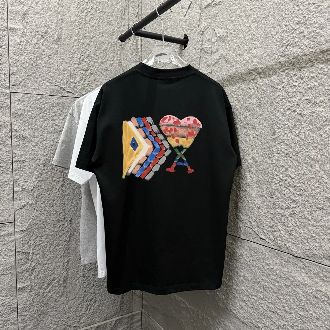 🅿️180 Ami* 2025 spring and summer new Ami rainbow love print Customized double yarn plain cotton fabric Short-sleeved T-shirt Unisex Color: Black White Floral Gray Angora Red Size: S (90-130 catties) M (120-150 catties) L (140-165 catties) XL (160-180 catties) XXL (180-210 pounds)