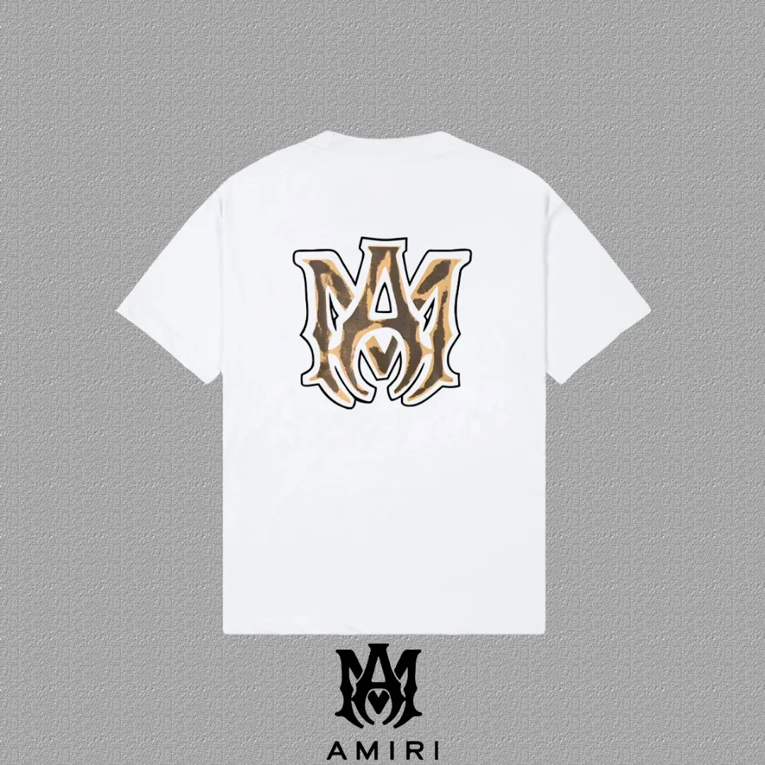 P140 [AMIRI] 2025FW short-sleeved T-shirt LOGO printing, high-end 26s double yarn 300g fabric, heavy fabric, custom stretcher rib, same vat and dye, complete three standards, same style for men and women, color: black, white, gray, size: S M L XL 2XL
