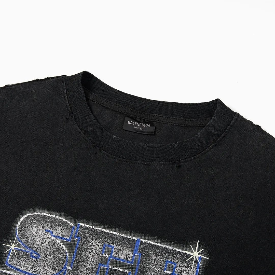 🅿️180 9126# Detailed picture Top version [[BALENCIA*GA] official website quality Paris new co-branded SEENOWBUYNOW diamond short-sleeved T-shirt OS version Loose dropped shoulders Unisex style Fabric: 260g 100% cotton double yarn Craftsmanship: front and rear panels left and right sleeve printing Garment wash worn distressed fixed color Color: washed black washed blue white Size: XS S M L