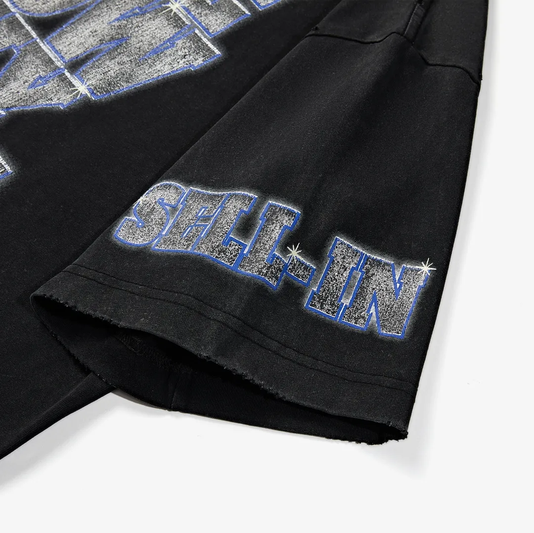 🅿️180 9126# Detailed picture Top version [[BALENCIA*GA] official website quality Paris new co-branded SEENOWBUYNOW diamond short-sleeved T-shirt OS version Loose dropped shoulders Unisex style Fabric: 260g 100% cotton double yarn Craftsmanship: front and rear panels left and right sleeve printing Garment wash worn distressed fixed color Color: washed black washed blue white Size: XS S M L