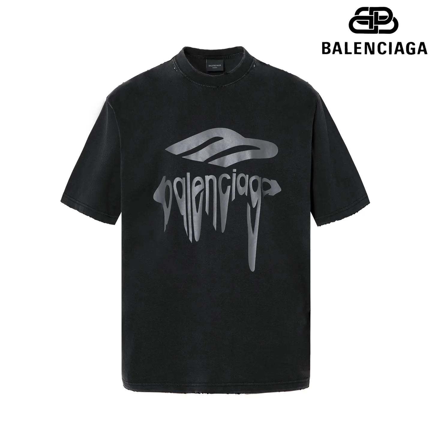 🅿️180 9186# Detailed picture Top version [[BALENCIA*GA] official website quality Paris new 3M artistic letter LOGO printed short-sleeved T-shirt OS version loose dropped shoulders Unisex style Fabric: 260g 100% cotton double yarn Process: front printing Garment washed worn distressed fixed color Color: washed black off-white Size: XS S M L