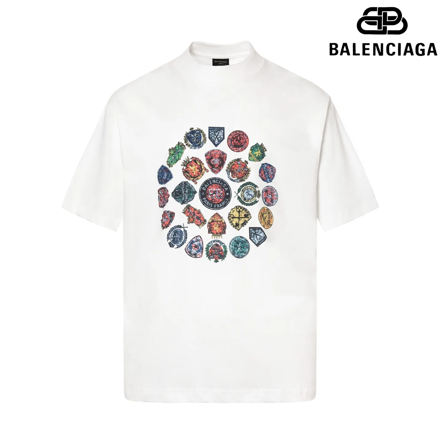 🅿️190 9208# Detailed picture Top version [[BALENCIA*GA] official website quality Paris new front and back letter badge icon LOGO printed short-sleeved T-shirt OS version Loose dropped shoulders Unisex style Fabric: 260 grams 100% cotton double yarn Technology: front and rear digital direct printing Garment washing Shape solid color Color: black off-white Size: XS S M L