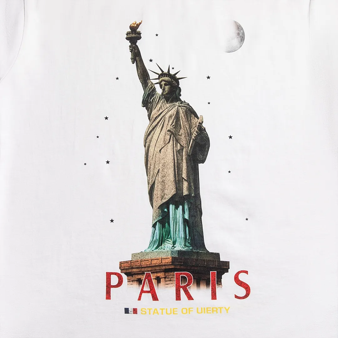 🅿️180 9112# Detailed picture Top version [[BALENCIA*GA] official website quality Paris new Statue of Liberty catwalk style short-sleeved T-shirt OS version loose dropped shoulders Unisex fabric: 260g 100% cotton double yarn Technology: front digital direct printing Garment wash worn distressed fixed color Color: washed black white Size: XS S M L