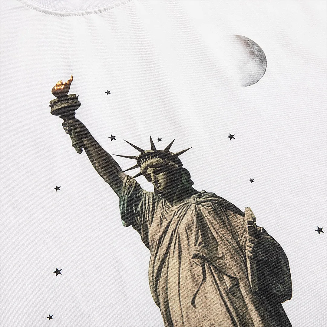 🅿️180 9112# Detailed picture Top version [[BALENCIA*GA] official website quality Paris new Statue of Liberty catwalk style short-sleeved T-shirt OS version loose dropped shoulders Unisex fabric: 260g 100% cotton double yarn Technology: front digital direct printing Garment wash worn distressed fixed color Color: washed black white Size: XS S M L